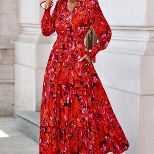 PrettyGarden Red Floral Tiered Maxi Dress Size L NWT Pockets